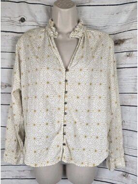 Anthropologie Pilcro Tavi Embroidered Floral Top S Ruffle Neck Boho Button